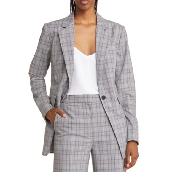 New NORDSTROM Women's Ivory- Red British Plaid Blazer Size L - Picture 1 of 7